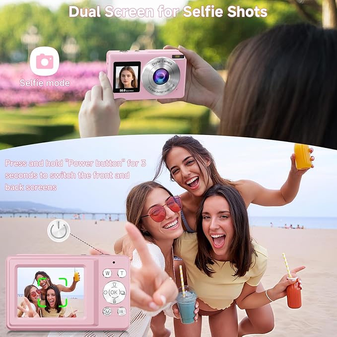 Digital Camera, 56MP 2.7K Dual-Screen Selfie Camera with 16X Zoom, 20 Filters & Anti-Shake, Portable Point and Shoot Digital Cameras with 32GB Card, Compact Travel Cameras for Beginners Teens Kids