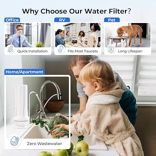 iSpring CT10-W Countertop Water Filter, Multi-Layer Faucet Water Filter System with Versatile Faucet Adapter, Reduces Heavy Metals, Bad Odor, and Chlorine, White