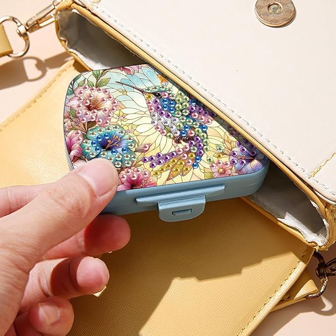C'eitura DIY Hummingbird Diamond Art Painting Blue Pill Organizer with 6 Lid Detachable Compartments, Fun DIY Craft Project for Adults, Elegant Pill Case for Purse & Travel
