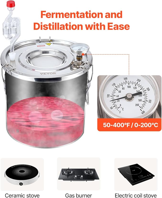 VEVOR Alcohol Still, 3 Gal / 11.4 L Stainless Steel Water Alcohol Distiller with Copper Coil, Home Brewing Refining Fermentation Kit with Thermometer, for Wine Whisky Brandy, Silver