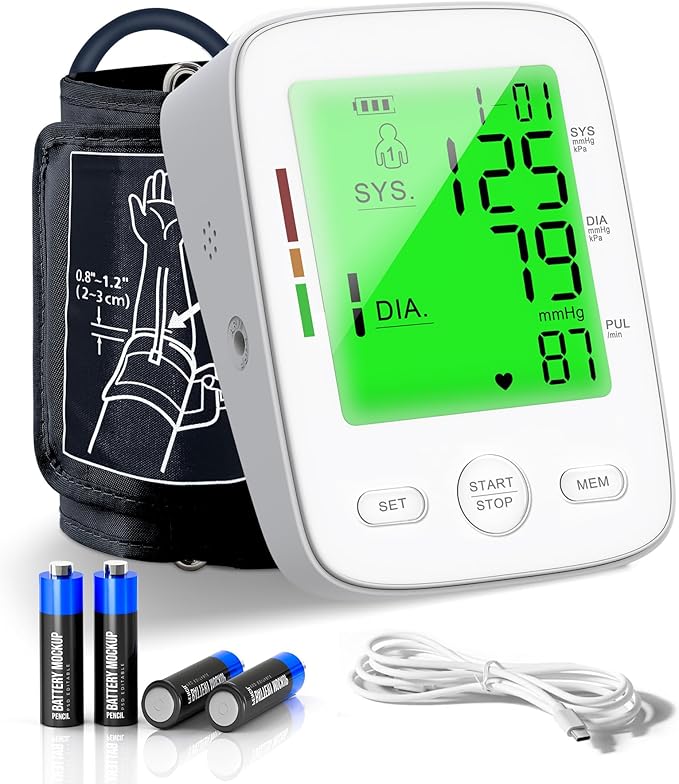 Automatic Upper Arm Blood Pressure Monitor for Home Use, 2x199 Memory, Large LCD Backlit Screen, Adjustable Cuff (9-17 Inches), Portable with USB & Battery Power, Blood Pressure Monitors for Home use