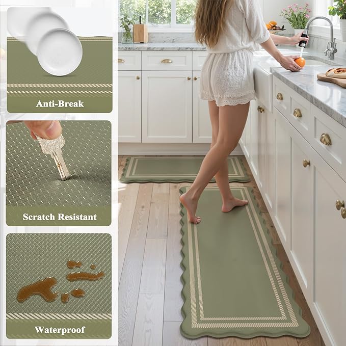 KIMODE Anti Fatigue Mats for Kitchen Floor 17"x47"+17"x29", Farmhouse Kitchen Rugs Sets of 2, Cushioned Kitchen Floor Mat Non Skid, Memory Foam Kitchen Mat for Laundry Office Sink Desk Olive Green