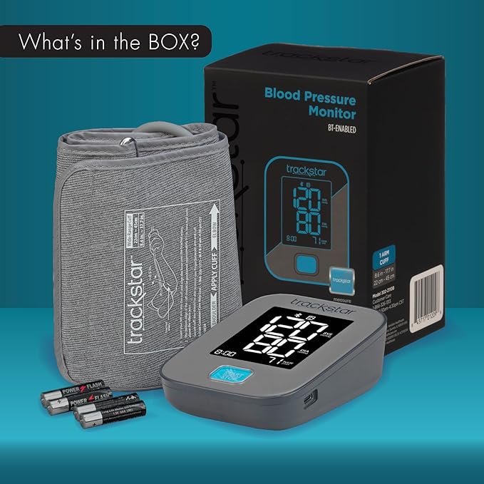 Trackstar Smart Blood Pressure Monitor | Wide-Range Upper Arm Cuff | Trackstar Monitoring App | Bluetooth iOS & Android Compatible | Measure, Track, and Share Results