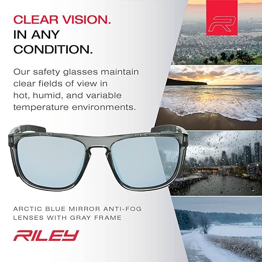 Riley Navigator X Safety Glasses – Anti-Fog, Scratch/Impact Resistant & UV Blocking, Lightweight Full-Frame for Work, Outdoors, & Active Lifestyles, Arctic Blue Mirror/Gray