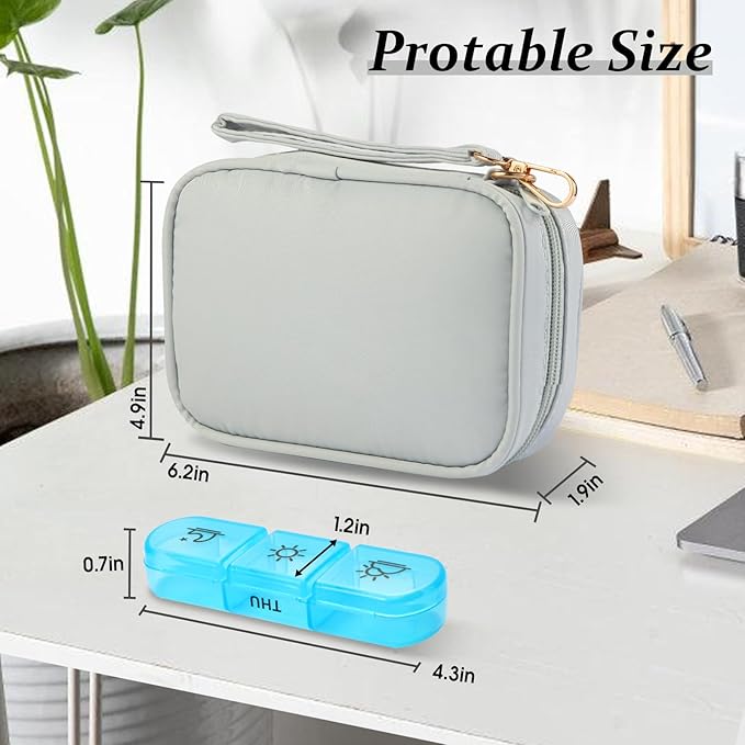 Weekly Pill Organizer 3X a Day, Travel Pill Box 7 Day for Purse, Daily Pill Organizer with, Pill Dispenser Medicine Organizer for Vitamins, Fish Oils, Medications, Supplements (Grey, Medium)