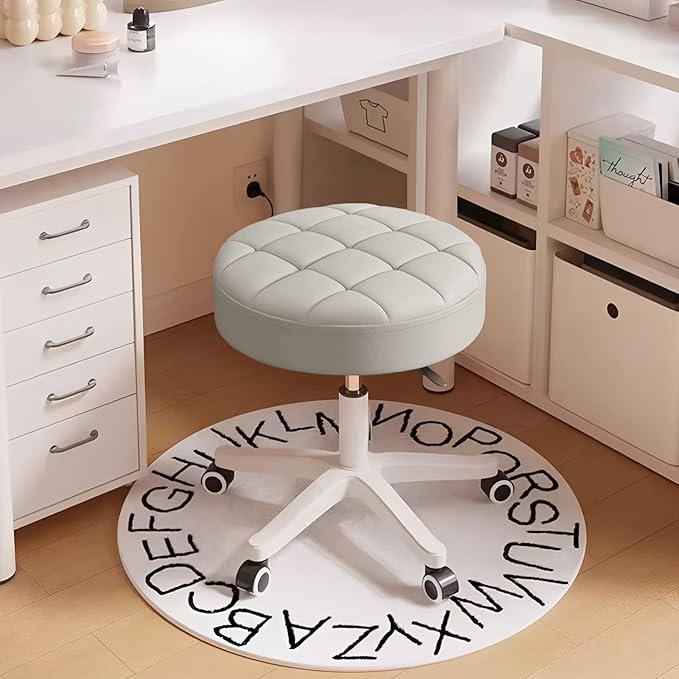 Small Rolling Stool with Wheels, PU Leather Height Adjustable Vanity Work Task Stool, 360 Swivel, Padded Seat Cushion,for Salon, Home, Office