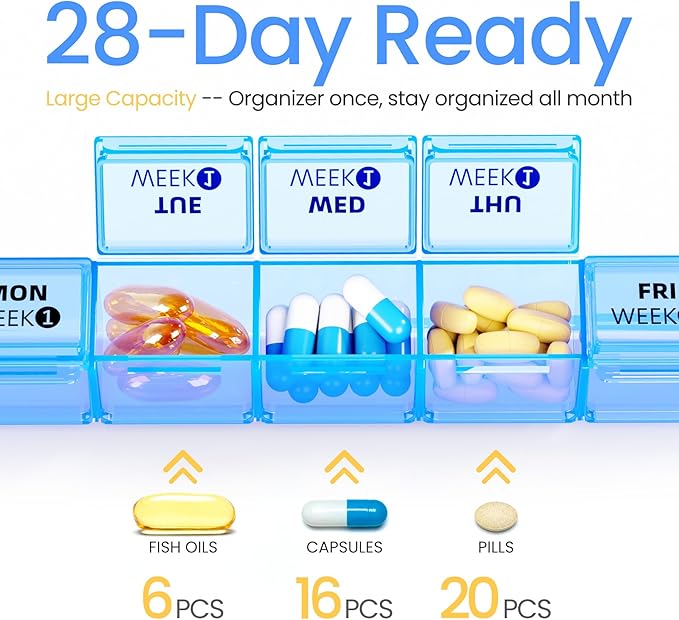 Betife Monthly Pill Organizer 1 Time a Day, 4 Weekly Pill Box Organizer Once a Day, 30 Day Large Pill Case for Travel, 31 Day Daily Medcine Container for Vitamins, Supplement & Medication (Blue)