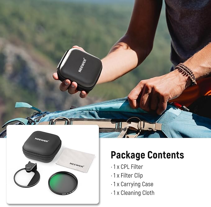 NEEWER Clip On Phone Filter Kit, 67mm Multicoated CPL Filter with Cold Shoe Cell Phone Clamp, Carrying Case & Cleaning Cloth Accessories Compatible with iPhone Samsung Android, FL-79