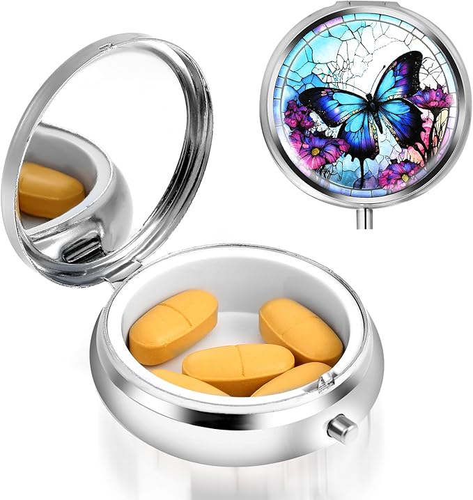 Sibba Portable Medicine Pill Case, Travel Multi-Functional Moisture Proof Pill Box for Purse & Pocket, Cute Metal Medicine Pill Organizer Box for Vitamins, Fish Oil & Supplements (Butterfly)