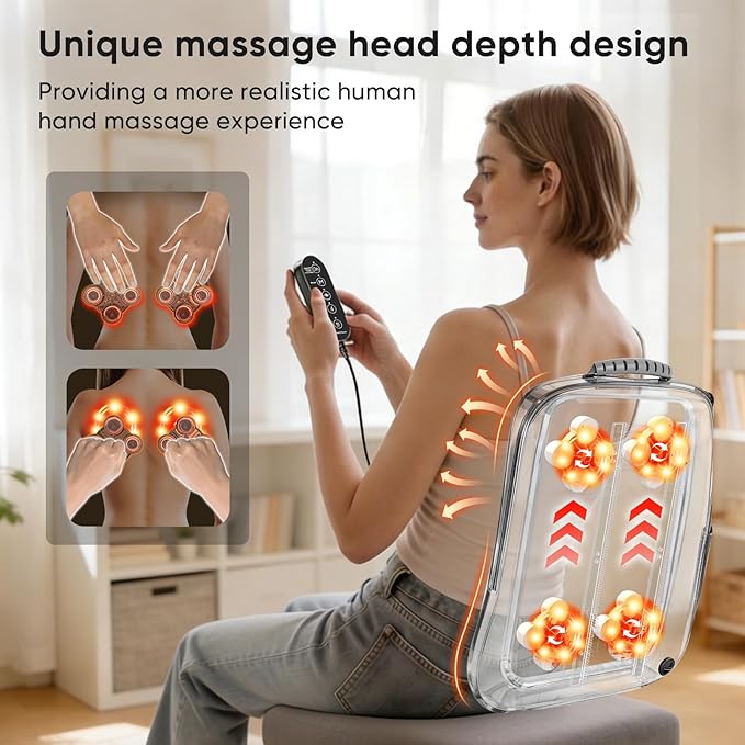 Shiatsu Back Massager with Heat, 4D Deep Tissue Massage for Pain Relief, Portable Rechargeable Electric Back Massager for Chair Home Office Car,Gift-Ready for Men Women