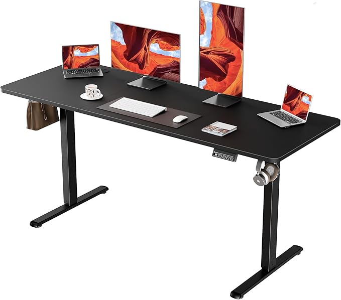 ERGOMAKER Electric Standing Desk, 63" x 23.6" Height Adjustable Sit Stand Desk with Splice Board for Home Office, Computer Desk Memory Preset (Black Frame, Black Desktop)