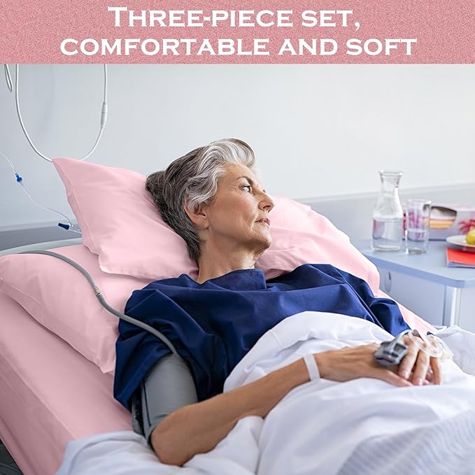 Moukeren 3 Pcs Hospital Bed Sheets Set Deep Pocket Fitted Sheet 36 with Elastic All Around Easy Care Knitted Jersey for Home/Nursing Home (Pink)