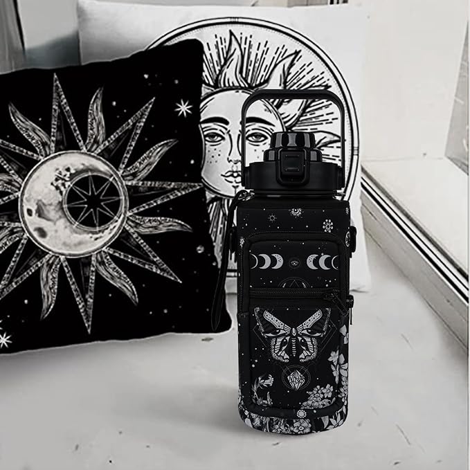 Goth Moon 64 oz Water Bottle with Sleeve - BPA-Free, Leakproof, Time Marker & Flip Top Lid - Motivational for Halloween Spooky Gifts for Women (Christmas, Birthday)