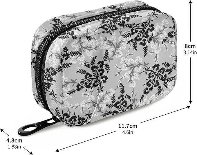 xigua Pill Organizer 7-Day Travel Pill Box Bag Black & Grey Small Flowers Pattern Daily Pill Case with Zipper Portable Suitable,Vitamin Supplement Holder