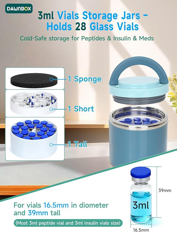 3ml Peptide Case for Fridge Vial Inserts with 22oz Food Jar, Peptide Fridge Case/Peptide Travel Case TSA Approved, Holds 28 Vials, Peptide Storage - Fridge/Travel Safe (Blue Jar and White Insert)