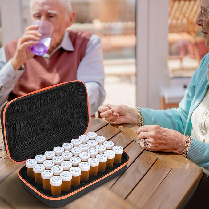 32 PCS Empty Pill Bottles with Carrying Case for Prescription Medication, 8DR Plastic Prescription Bottle with Child Proof Caps, Push Down and Turn, Prescription Vial, Medicine Container