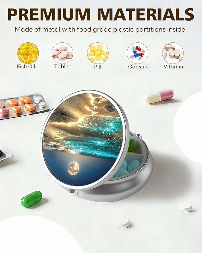 LRITER Pill Case, Portable Travel Pill Box, Pillbox Organizer, Cute Small Medicine Storage Container, Purse Accessories for Women, Men (Moonlight Sea)