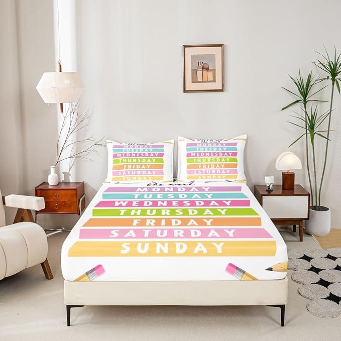 Feelyou Kids Learning Bed Sheet Set Twin Size, Days of The Week Fitted Sheet Educational Bedding Set Boys Girls Preschool Teens Bedroom Decor Bed Set 2Pcs (No TOP Sheet)