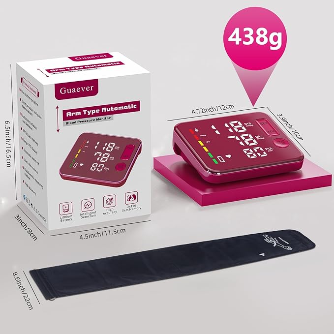 Blood Pressure Monitor Rechargeable Upper Arm Blood Pressure Monitors for Home Use Large Screen Bp Machine with Bp Cuff, 2x120 Memory, Voice Broadcast Bp Monitor(Red)