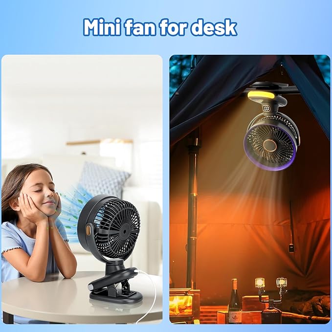 Portable Clip on Fan, Battery Operated Small Powerful USB Desk Fan with Night Light & LED Display Screen, Mini Table Fan, 360° Rotate Personal Fan for Home Office Stroller Camping (Gray)
