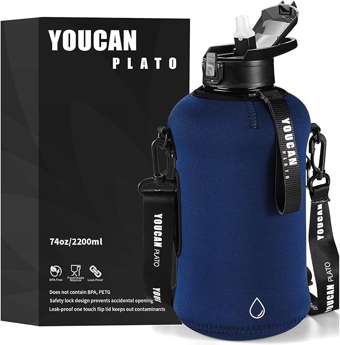 Half Gallon Water Bottle with Straw 74 oz Large Water Bottle Big Gym Water Bottle with Storage Sleeve BPA Free Gallon Water Jug with Handle and Bottle Brush Navy Blue