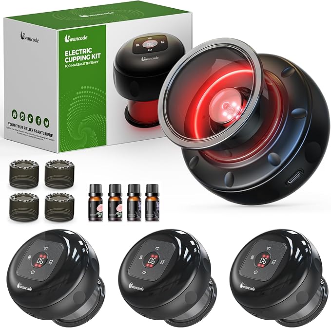 [4 Pack] 5-in-1 Smart Dynamic Cupping Set, Electric Cupping Device with Red Light, Heated Cupping Massager with 12-Level Suction & Heat, Cupping Machine for Pain Relief, Muscle Soreness, Knots, Aches