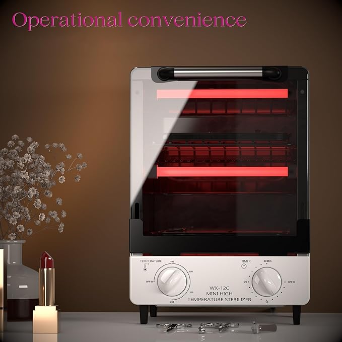 Sterilizer for Nail Tools, 12L Multifunctional High Temperature Cleaning Dry Box Stainless Steel with Temp Control, Timer, 2 Stainless Trays, Tweezer Sterilizer, Nail Salon Equipment, 110V 1000W