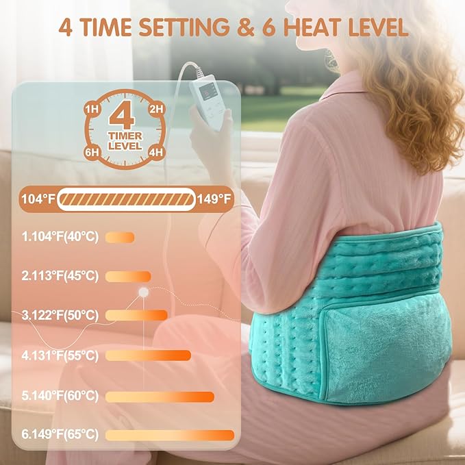 Heating Pad Back Pain Relief Electric Heating Pad for Period Cramps Lower Back Neck Shoulders Pain Relief 6-Hour Auto Off 12x24 Heated Pad + 20" Belt 4 Timer 6 Heat Level Wrap (Turquoise)