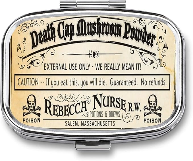 Metal 2 Compartment Pill Organizer Travel Friendly Portable Compact Pill Box Cute Pill Case to Hold Vitamins/Fish Oil/Supplements/Meds/Tablet for Purse/Pocket (Vintage Skull Label)