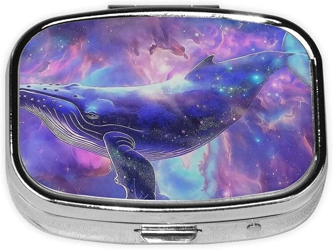 Dreamy Galaxy Whale Pill Box with Mirror 2 Compartments Square Pill Organizer for Pocket