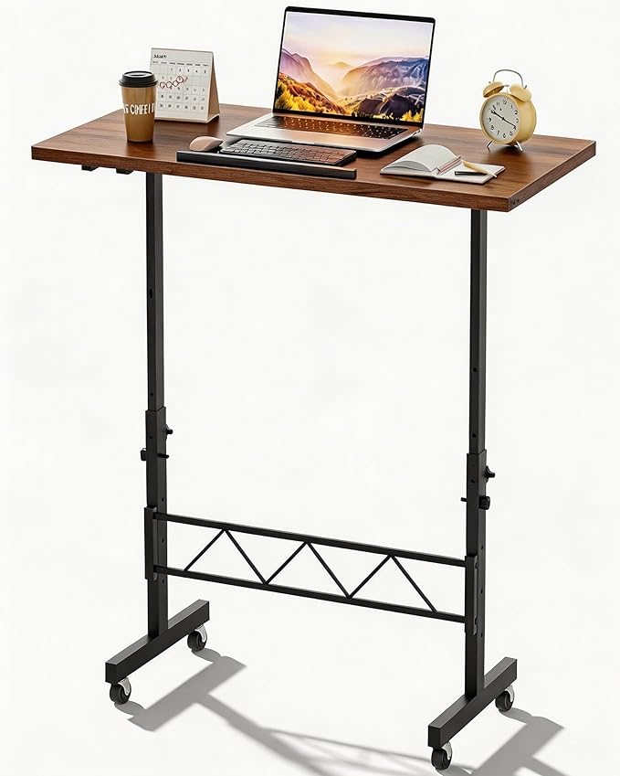 GTPLAYER Small Standing Desk Adjustable Height, 30.7"-46.4" Portable Computer Table Mobile Desk Workstation Stand Up Desk with Wheels Compact Rolling Table for Home Work Treadmill Walking Pad Brown