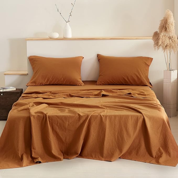 Simple&Opulence Belgian Linen Sheet Set Solid Color - 4 Pieces (1 Flat Sheet, 1 Fitted Sheet & 2 Pillowcases) Natural Flax Cotton Blend Soft Breathable Farmhouse Bedding - King Size, Rust