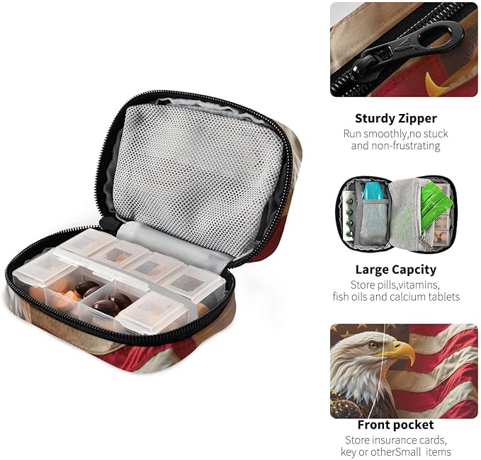 Pfrewn Patriotic Pill Organizer Case American Bald Eagle American Flag Travel Pill Box with Zipper 7 Day Portable Small Weekly Vitamin Medicine Supplement Holder Pouch Bag