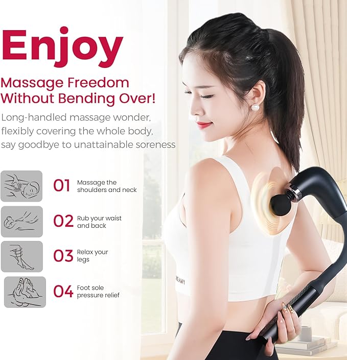 Deep Tissue Massage Gun for Back & Full Body – Long Handle Percussion Muscle Massager with 4 Replaceable Heads, Adjustable Speeds & Quiet Motor – Relieve Muscle Pain, Soreness & Stiffness (Black)