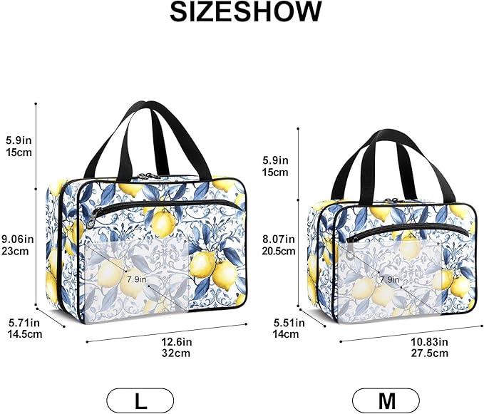 Fustylead French Country Blue Tile Yellow Lemons Travel Pill Bottle Organizer Large Home Storage Medication Bag with Zipper for Vitamins, First Aid, Fish Oil, Medical Supplies