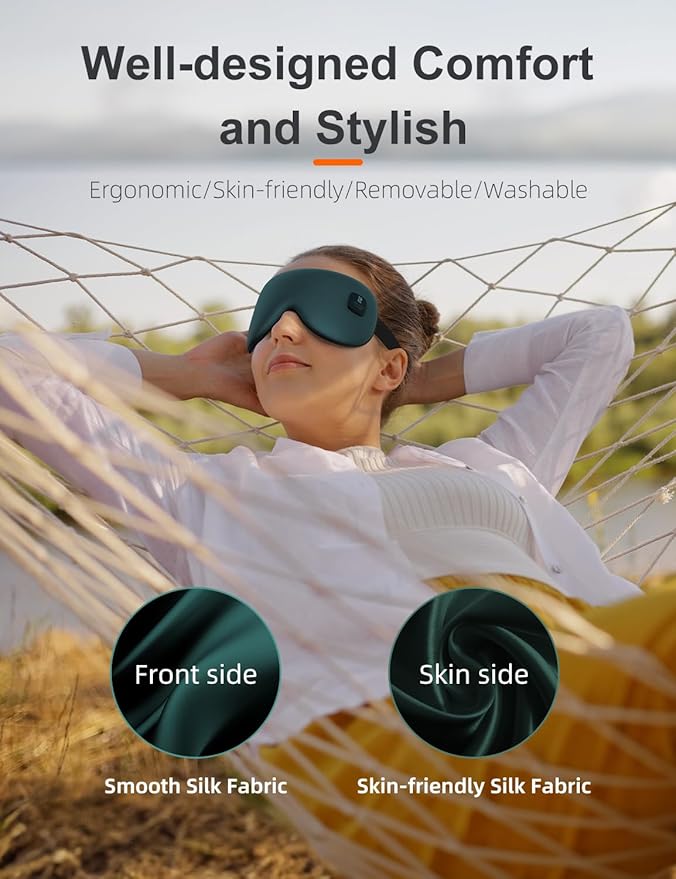 Silk Cordless Heated Eye Mask, Compress Heating Pad for Dry Eye Stye Eye Strain, Blackout Electric Warm Eye Mask for Airplane Sleeping for Travel, Idea for Women/Men (Silk-Green)