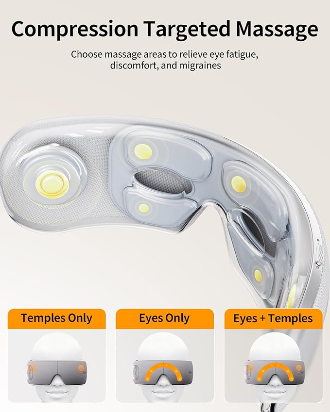 Ultra Quiet Eye Massager for Migraines with Temple Massage, Heat, Air Compression, Bluetooth Music Streaming, 10/15/20 Min Timer, Foldable Electric Eye Mask for Migraine Relief, Eye Strain, Eye Care