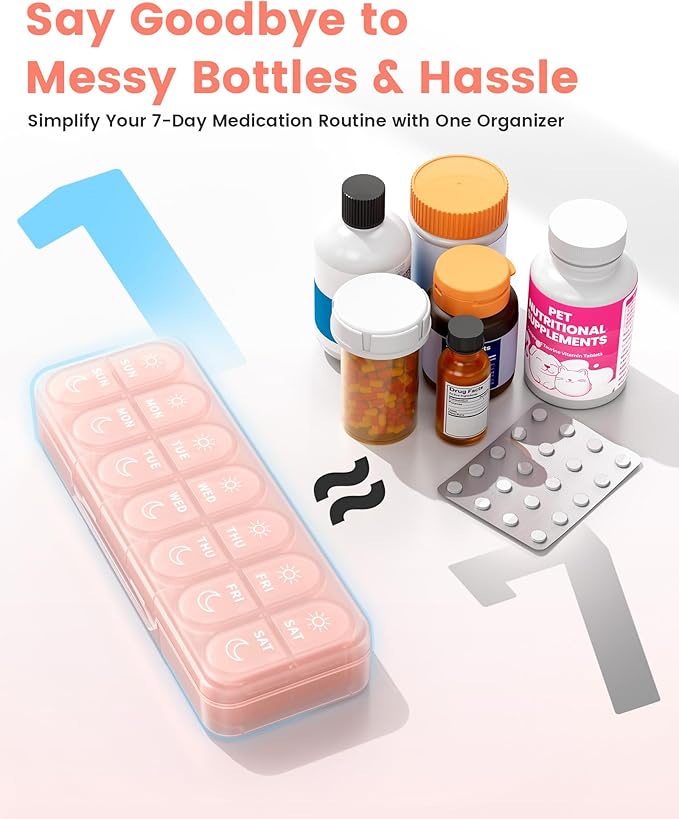 Weekly Pill Organizer 2 Times a Day, Daily AM PM Pill Box Case 7 Day with Large Openings for Easy to Use, Travel Medicine Container for Medication, Vitamins, Supplements - Pink
