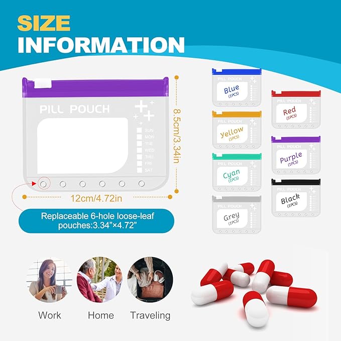 The A7-L Reusable Pill Pouches Set is Designed to fit The A7 Binder. Zippered Pill Organizers Weekly, Travel Pill Container, Reusable Zipper Pouches, Color-Coded Medicine Pouches