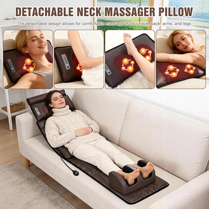 Full Body Massage Mat with Heat, Detachable Shiatsu Neck and Foot Massager, Vibration Massage Mat for Back Pain Relief, 9 Modes 3 Timers, Inflatable Lumbar Pillow, Home Office Gift for Men Women