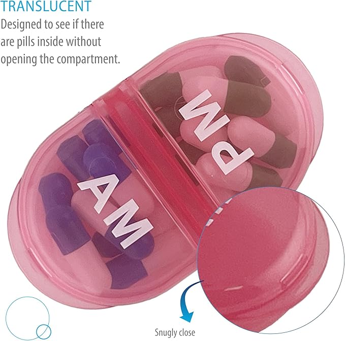 Deke Home - Pill Organizer AM PM, 2 Compartment Pill Box for Pocket or Purse, Small Daily Medicine Case, Travel Pill Holder, Easy Open Pill Container for Seniors, Vitamins & Supplements (Pink)