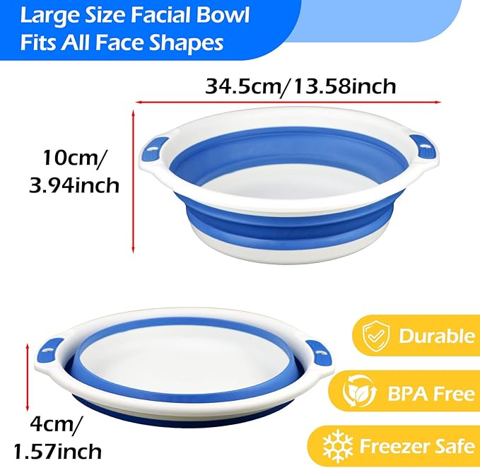 Facial Ice Bath Kit - Foldable Ice Bowl with Reusable Cubes for Cold Plunge (Blue)