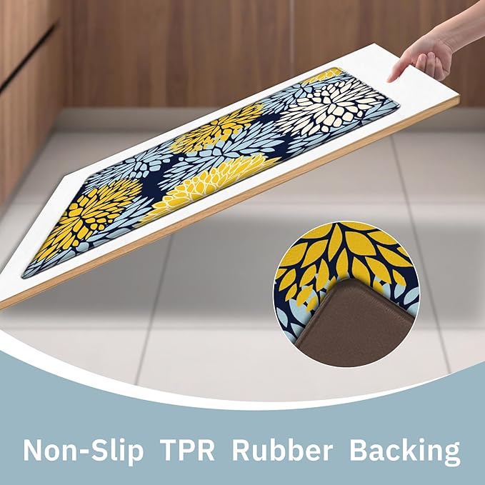Kitchen Mats Set of 2 Cushioned Anti Fatigue Kitchen Rugs Non Slip Waterproof Kitchen Runner Memory Foam Floor Mat Comfort Standing Mat for Sink,Office,Laundry, Navy Yellow