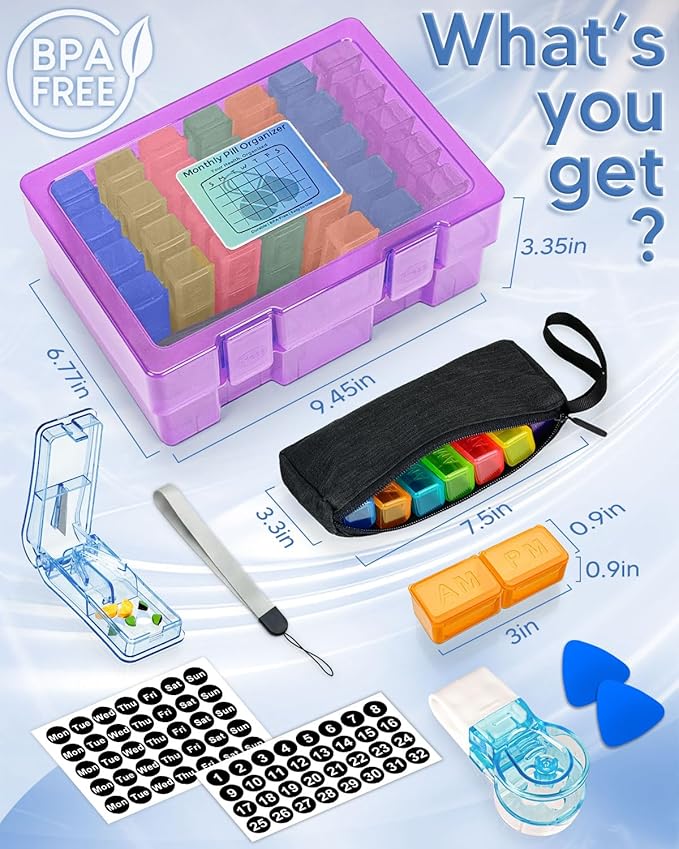 Monthly Pill Organizer 2 Times a Day – Yonlog Large Medicine Box with Weekly Travel Bag, Pill Cutter, Easy-Open Pick, Pill Taker Tool, and 2 Medication Stickers (Purple, 2 Times a Day)