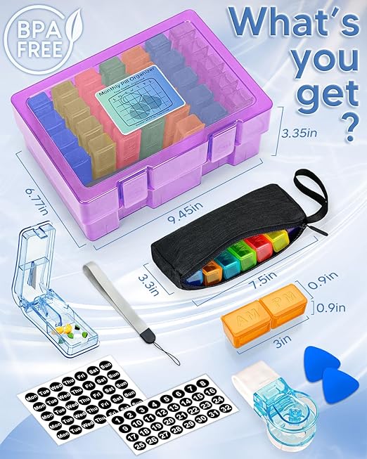 Monthly Pill Organizer 2 Times a Day, FRIWOLE Medicine Box with Portable Weekly Pill Bag, Pill Taker Remover, Pill Cutter and 2 Sticker (Purple, 2 Times a Day)