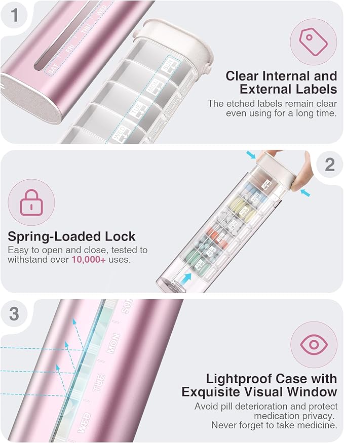 Zannaki Aluminum 7 Day Weekly Pill Organizer, Portable Travel Pill Case with Three Layer Seal, Large Capacity Cute Daily Pill Box, Pill Holder Container for Vitamins, Pills, Supplements and Medication