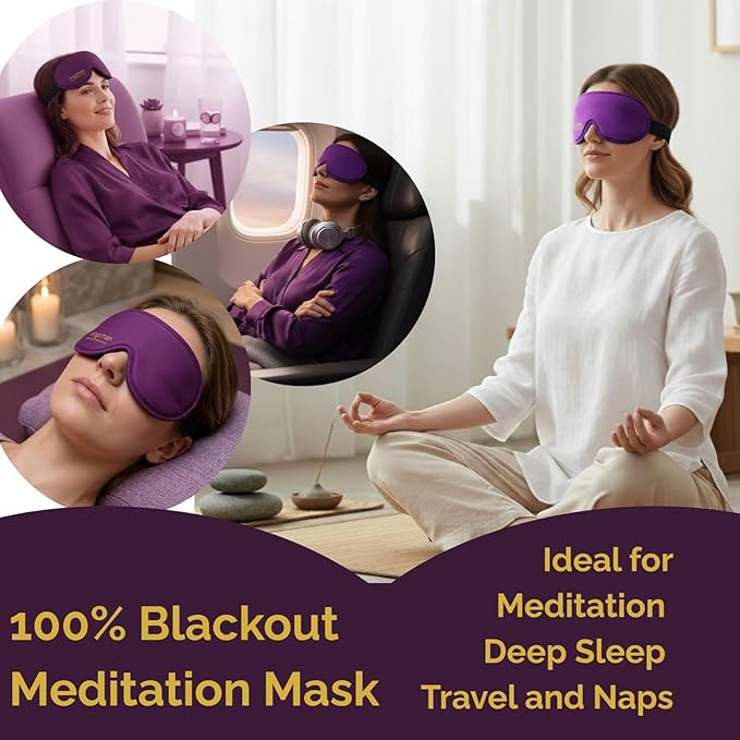 Meditation Eye Mask - 100% Blackout Sleep Masks for Women, Zero Eye Pressure - Nose Seal Eye Cover for Yoga Nidra, Naps & Travel, Adjustable Night Blindfold - Deep Lavender Purple