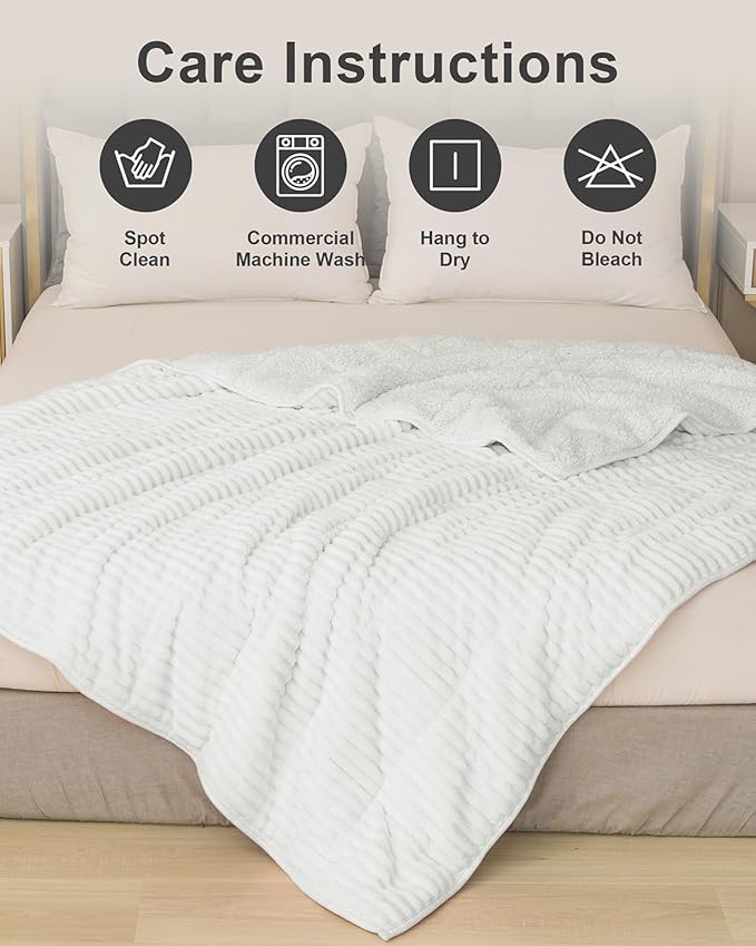 Sherpa Fleece Adult Weighted Blankets 20lbs with Ribbed Stripes, Dual Sided Fuzzy Warm Blanket for Couch Bed Sofa, Heavy Thick Blankets with Ceramic Beads Great for Sleep, White, 60" x 80"