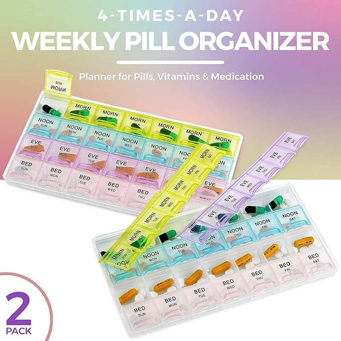 MEDca Pill Organizers - (2 Pack) Large Pill Organizer with Weekly and Daily 4-Times-A-Day Compartments for Morning, Noon, Evening, Night - BPA-Free, Portable and Travel Friendly Pill Boxes Case