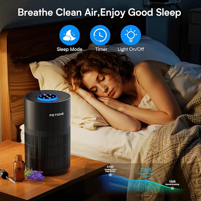 Air Purifiers for Bedroom Home, Quiet Air Cleaner With Sleep Mode Night Light, Small Air Purifier Covers Up to 1200ft², 360° Air Intake, 3 Speeds, Timer, Aroma Function, Black